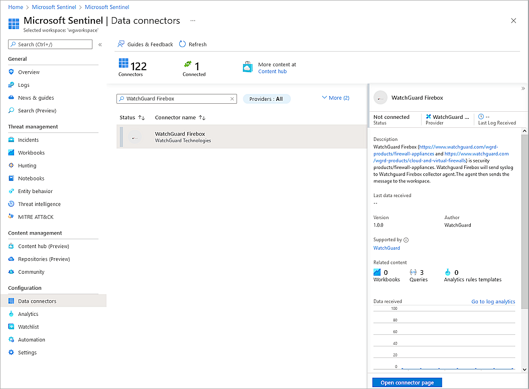 Screenshot of the Data Connectors page in Microsoft Azure